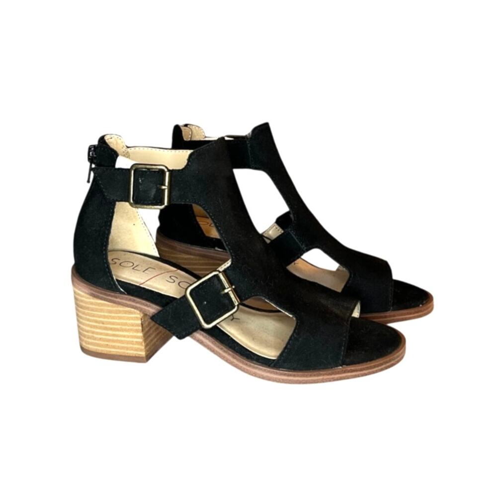 Sole Society So Tonni Black Suede Buckle Block Heel Sandals Size 5.5